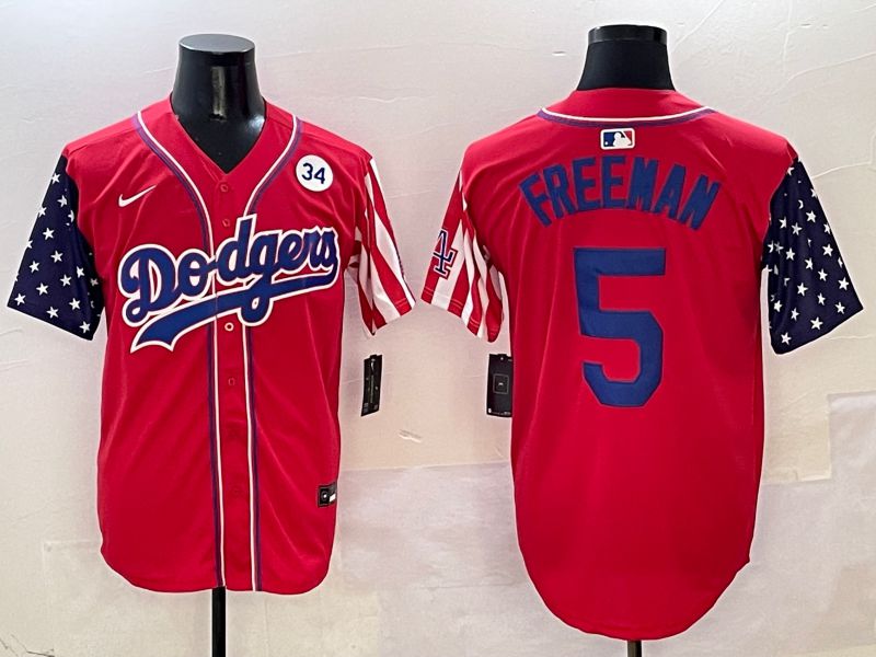 Men Los Angeles Dodgers 5 Freeman Red a generation of national flags Joint name 2025 Nike MLB Jersey style 9